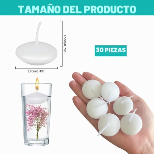 Miniatura 2 de Gowtx 30 Velas Flotantes Blancas, Impermeables, Sin Perfume, Para Spa, Bañera, Piscina, Decoración