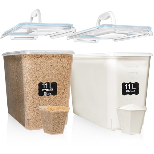 Shazo 2 PC (11L | 372 oz) Flour Sugar Storage Containers with Easy Carry Handle - Plastic Extra Large Food Storage Containers with Lids for Rice Cereal, BPA Free & Airtight Kitchen Pantry Organization