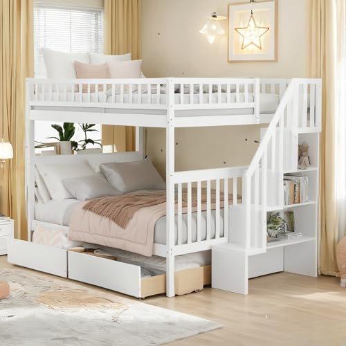 Bellemave  Twin/ Full Bunk Bed with 2 Storage Drawers & Storage Staircase, White