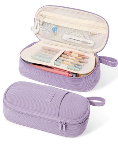 Image of SUNEE Cute Pencil Case, Large Pencil Pouch, Soft Corduroy Fabric Big Pencil Bag with Zipper, Kawaii Pen Bag Stationery Storage and Organizer, School Supplies for Teen, Student, Boys,Girls, Soft Purple