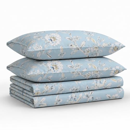 Tribeca Living Deep Pocket King Size Sheet Set - 300 Thread Count Cotton Sateen Sheets with 22-Inch Extra Deep Pockets, Oeko-Tex Certified, 4 Bedding Set in Colmar Sky Blue/Multi Print by Tribeca Living - Used condition - US$37.98