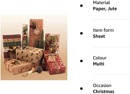DOJoykey 12 Sheets Christmas Gift Wrapping Paper, 70 * 50cm Recyclable Kraft Wrapping Paper with Gift Tags and Jute String for Christmas Gift and Craft