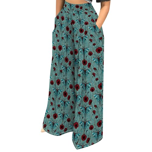 Summer Women's High Waist Loose with Pockets Casual Trouser Boho Ethnic Tribal Floral Print Flowing Wide Leg Pants