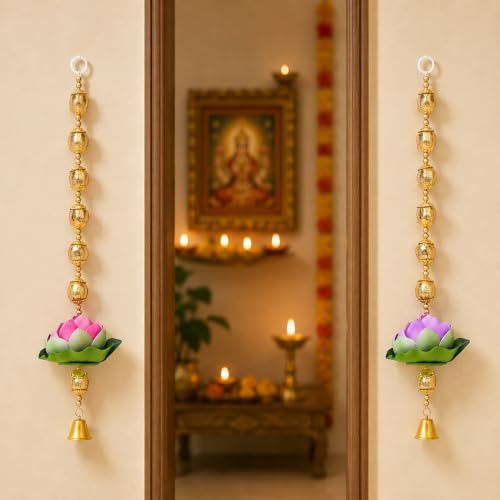 Image of Akaar Decor Lotus Hanging Set of 2 | Multicolor Lotus Flower Wall Hanging with Golden Beads & Bell | Diwali Decoration, Temple Decor, Pooja Room & Home Entrance Hanging