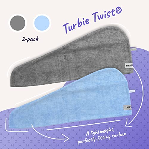 Turbie Twist Microfiber Hair Towel Wrap For Women And Men | 2 Pack | Bathroom Essential Accessories | Quick Dry Hair Turban For Drying Curly, Long & Thick Hair (Grey, Blue) #TOP2