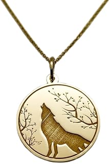 925 Sterling Silver Wolf Hänge Halsband Förgyllt | WW_NLC_00539 | Rund medaljonghänge med ylande varg och skog, 28 mm graverad natur- och djurlivsberlock med 18-tums kabelkedja