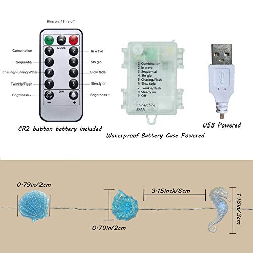 Cynzia Beach Ocean Decor String Lights 40Led 13Ft Usb & Battery Operated Christmas Lights 8 Modes With Timer, Seashell Seahorse Conch Nautical Theme Decorative Light Bedroom, Party, Indoor, Wedding #TOP2