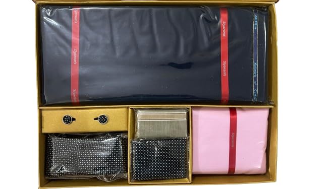 Image of Siyaram's suit length gift pack for men Cut 3 mtr shirt 2.25 With tie rumal broch cof buttons