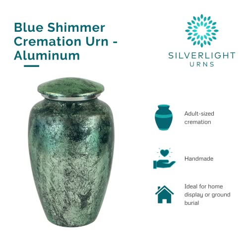 Blue Shimmer Cremation Urn For Ashes, Aluminum, Blue Urn ,Adult Sized Cremation Urn, 10 Inches High #TOP3