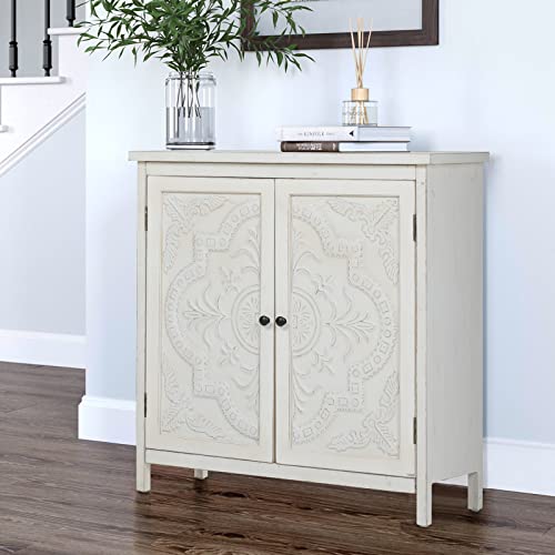 Sophia & William 2-Door Accent Cabinet, Distressed Storage Cabinet With Iron Stamped Floral Pattern For Entryway Living Room Bedroom, White #TOP6