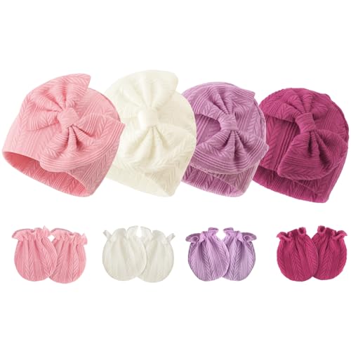 Image of BQUBO Newborn Baby Hats Bear Ears and Mittens Sets Preemie Caps Baby Boy Girl Infant Hospital Beanie for 0-3 Months