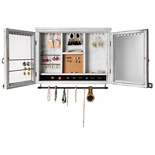 Cabinet Jewelry Organizer – Wall Mounted Jewelry Holder with Removable Bracelet Rod Shelf Earrings Wire Mesh 32 Hooks Barn Doors – Perfect Earrings Necklaces and Bracelets Holder - Rustic White