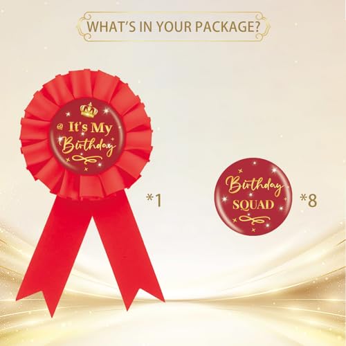 Image of 9PCS It's My Birthday Button Pins, Birthday Squad Button for Girl, Red Birthday Pinback for Women 18th, 21st, 25th, 30th Birthday, Happy Birthday Badges Party Supplies