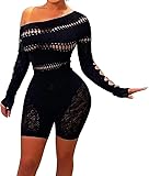 QCWQMYL Sexy Club Outfits for Women Fishnet Bodysuit One Shoulder Long Sleeve One Piece Tights Bodycon Jumpsuit Rave Outfits Exotic Romper Lingerie Jumpsuits Black