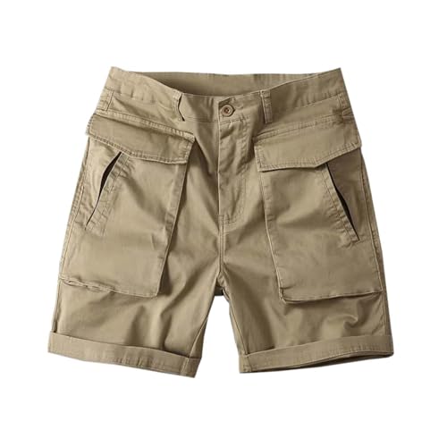 Cargo Shorts for Men Casual Fashion Solid Color Short with Flap Pockets Elastic Waist Outdoor Hiking Pants Outfits Khaki L