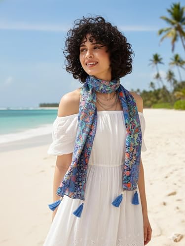 Image of KE KANHA EXPORTS Scarf for Women Boho | Border Print Stylish | Stole for Women Breathable Summer Beach Wrap with Tassels | Multicolour |180 x 50 cm FREE Scrunchie Included