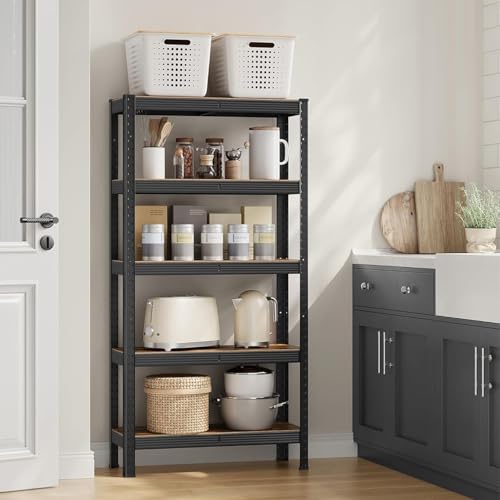DAIMANN Metallregal für Garage, modulares Regal aus Metall mit 5 Regalböden, Holzoptik, platzsparend für Keller, Büro und Lager
