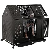 44'' Indestructible Heavy Duty Dog Crate, High Anxiety Impact Chewproof Metal Pointed Roof Cage for Medium Large Dogs, Double Door Indoor Steel Escape Proof Kennel with Wheels and Trays, XL