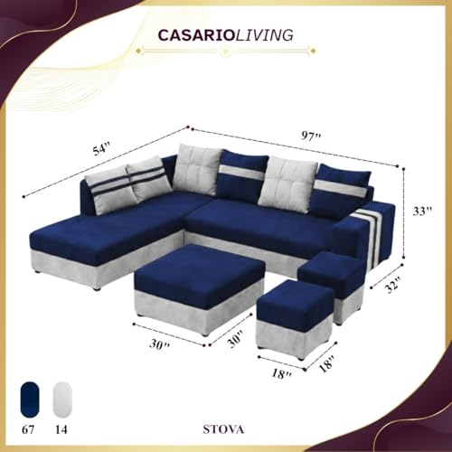 Image of Stova Luxe Velvet-Suede Fabric 8 Seater LHS L Shape Sofa Set | with 2 Ottomans & Centre Table| Comfortable & Spacious Seating | Modern Sofa Set for Living Room - Light Grey & Dark Blue