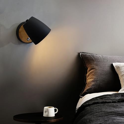 Image of Hardwired Wall Sconce with Switch,Modern Black and Wood Wall Lights for Bedroom with 350Rotation Metal Shade,Indoor E26 Wall Lamp for Living Room,Dining Room,Hallway,Stairway,Wall Decor