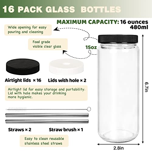 Tomnk 16 Pack 16Oz Glass Juice Bottles With Lids And Straws Travel Drinking Glass Bottles With Caps Reusable Juice Jars Smoothie Cups For Tea, Kombucha, Boba Milk, Fruit Drinks, Beverage #TOP1