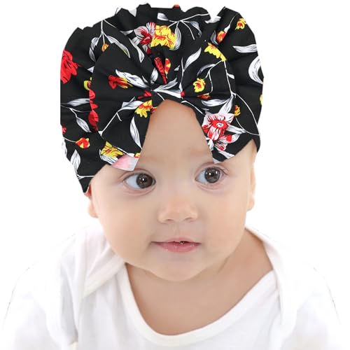 Image of BabyMoon Beanie Floral Bow Baby Boy's & Girl's Cap Kids | Toddler Infant Hat | Black | 6-48 Months