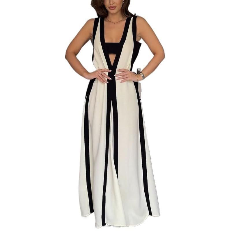 Women's 2025 Summer Sexy Maxi Dress Sleeveless V Neck Color Contrast Hollow Swing Cocktail Party Holiday Dresses