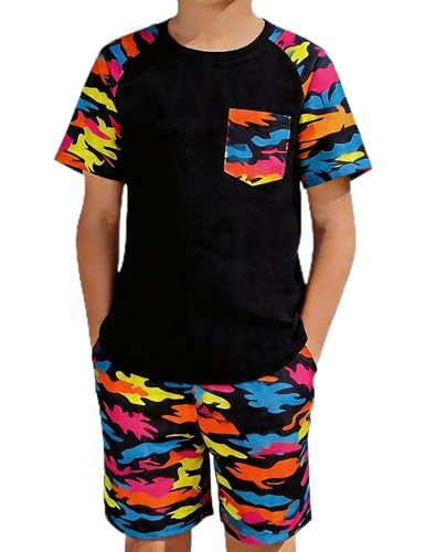 Svreeyer Boys Clothes Summer Camouflage Print T Shirts and Shorts Set Teen Boy Fashion Casual Athletic 2 Piece Outfits Black Colorful 9-10 Years