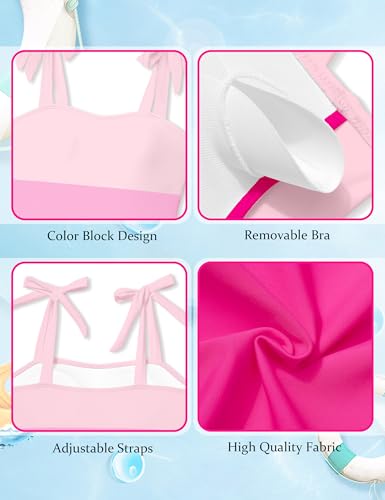 Girls Swimsuit One Piece Casual Color-Block Adjustable Straps Girls Bathing Suit Swimwear 9-16T4