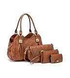 KingTo 4pcs Purses Retro Tote Handbags for Women Stylish Shoulder Bags Soft Top Handle Satchel Set (Dark Brown)