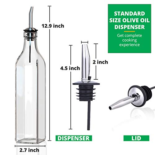 Liam Kitchen Glass Oil Dispenser 17oz Pack 1 - Olive Oil and Vinegar Cruet Clear Bottle Includes 1 Extra Stainless Steel Spout for Easy Pouring - White