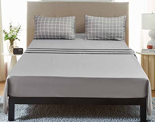 Queen Bed Sheet Set 4 Pcs, Grey Grid / Gray Plaid Geometry Pattern Soft Microfiber Bedding Sets - Flat Sheet 90X102, Fitted Sheet 60X80 And 14 Inch Pocket, 2 Pillowcases, Modern Style For Women Men #TOP2