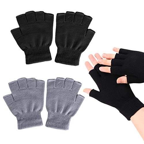 ZOCONE 2 Pares de Guantes sin Dedos, Guantes de Medio Dedo de Punto de Invierno para Hombres y Mujers, Negro y Gris, Guantes Elásticos Cálidos para Adultos y Menores, Talla Unica