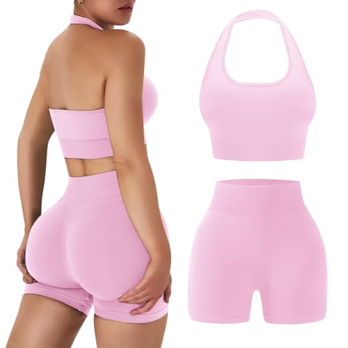 OLCHEE Workout Sets for Women 2 Piece Backless Halter Sports Bra High Waist Booty Shorts Yoga Gym Outfits Lounge Activewear - Solid Light Pink X-Small