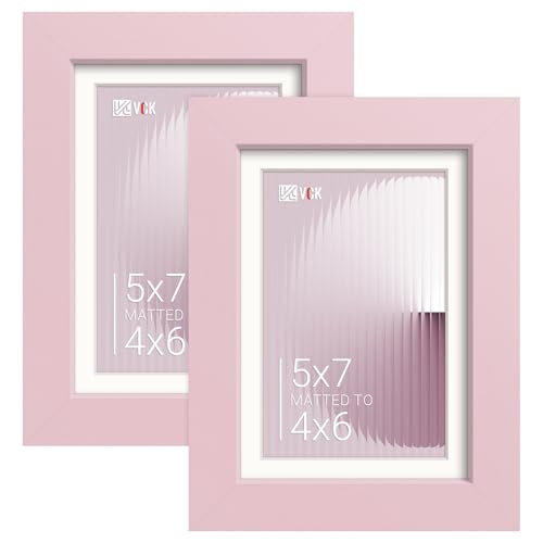 Image of VCK 5x7 Picture Frame 2 Pack, Pink Wood, 4x6 Mat, Glass, for Photo Print