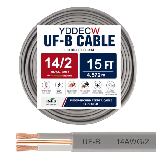 Image of 14 /2 UF-B Wire - 15FT 100% Pure Copper 14AWG 2 Connector Direct Burial Electrical Cable for Underground Feeder Wet or Corrosive Locations Indoor & Outdoor etc