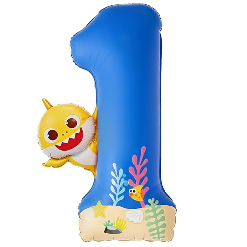 Image of PartyWoo Baby Shark Blue Foil Number 1 Balloon 40 Inch Blue Mylar Helium Birthday Number Balloons for Boys and Girls Baby Shark Under the Sea Ocean Theme Kids First Birthday Party Decorations