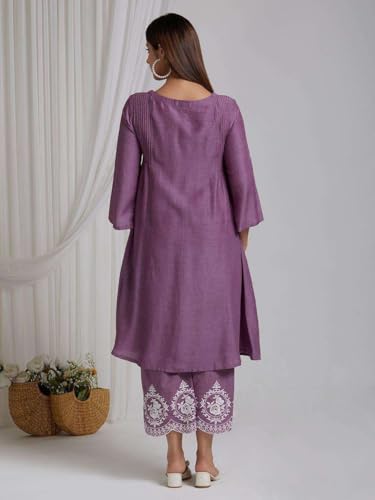 Image of Women's Cotton Embroidered Straight Kurta & Pant with Dupatta Set (Purple)
