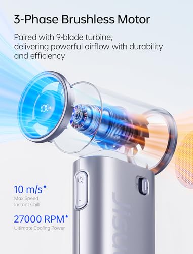 Image of JISULIFE Mini Handheld Fan Life9S - Sleek Chrome: Turbo Power, 22 Hours Cooling, LED Display, 5000mAh, 5-Speed, Small Portable Fan for Travel, Cruise, Concerts, Trendy Gifts for Women Men-Blue