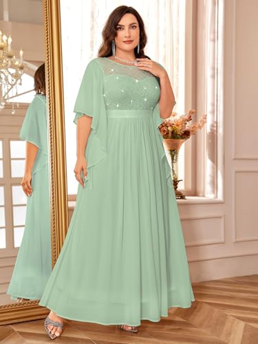 Image of Miusol Women's Plus Size Sequin Lace with Ruffle Cape Cloak Sleeves Elegant Evening Gown Wedding Guest Maxi Dress