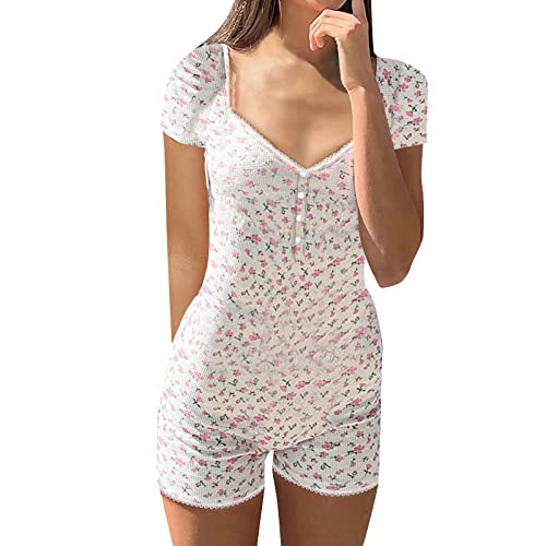 Bodysuit Damen Langarm Jumpsuit mit Blumendruck Y2k...