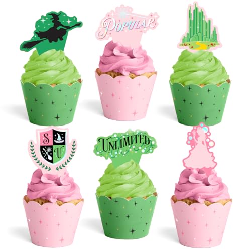 xo Fetti Pink + Green Witch Cupcake Toppers + Wrappers - Set of 24 | Kids Cake Decoration Popular Party Decor Unlimited Wizard Supplies Dessert Accessory