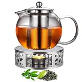 Punvot Teekanne mit Stövchen, 1,3 Liter Teekanne Stövchen Set mit Teekanne Glas 1300ML Stövchen Edelstahl, Glasteekanne Borosilikatglas Set mit Edelstahl Sieb für Schwarzer Tee/Grüner Tee/Blütentee