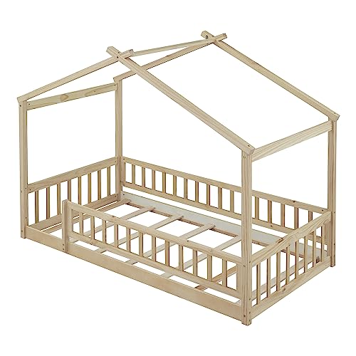 House Bed Twin Size Floor Bed With Fence Railings, Wooden Montessori Style Bed Frame For Kids, Fun Playhouse Beds For Girls Boys, Natural #TOP4
