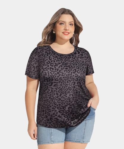 Image of CARCOS Plus Size Tops for Women Short Sleeve Shirt Summer Star /Leopard /Tie Dye /Flower Crewneck Pullover Tunic XL-5XL