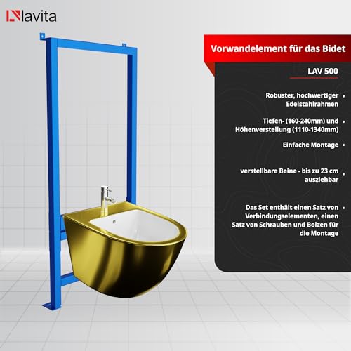 LAVITA Vorwandelement für Bidet LAV 500 + Wand-Bidet Sofi Gold/White Komplettset Wand-Hänge Bidet mit Hahnloch und Überlaufschutz aus Keramik WC Hygienisch und Pflegeleicht 36,5x49x32,5 cm – Bild 4