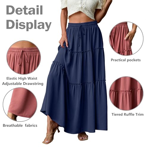 Image of Lepunuo Womens Casual Boho High Waisted Flowy Maxi Skirts Tiered Floral Long Skirts with Pockets for Summer Beach Vacation
