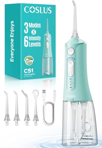 COSLUS Jet Dentaire Hydropulseur Irrigateur Oral: 3 Modes & 18Niveaux, Pic Dentaire Eau pour Orthodontie, Appareil Dentaire, Gencives Sensibles, Compact pour Voyage, Usage Familial,Vert Brillant,C51