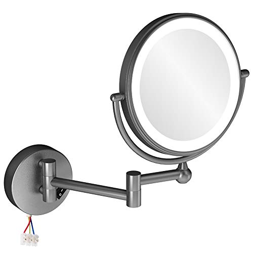 Nicesail 10X Magnifying LED Lighted Wall Mount Mirror – Double Sided Natural White Lighting Mirror for Makeup Poor Eyesight, Hardwired Direct Wire, Gun Gray (8inch, 10x)