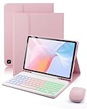 SAMTUNK for Amazon Fire HD 10/10 Plus Case with Keyboard (11th/13th Generation, 10.1 inch) - Rainbow Backlit Keyboard Case - Built in Pencil Holder with Mouse - Pink